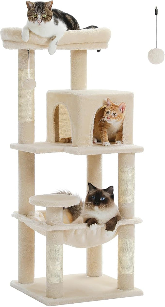 MUTTROS Cat Tree for Indoor Cats, 45.7" Multi-Level Cat Tower with Large Metal Frame Hammock, Cat Condo with 4 Scratching Posts and Top Perch for Small Medium Cat, Beige