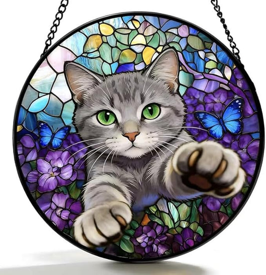 Stained Glass Window Hanging Cat Suncatcher with Butterfly Design, Round Window Hanging Decor, Colorful Sun Catcher for Home, Garden & Gifts for Cat Lovers