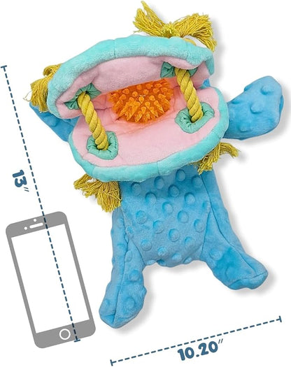 4 in 1 Squeaky Dog Toy-No Stuffing Dog Toy with Ropes,Squeaker & Surprise play item inside for Small Medium Large Breed-Dog Tug Toy,Dog Chew Toy for Cuddling & Playing,Soft Blue Plush Hippo,Gift ready