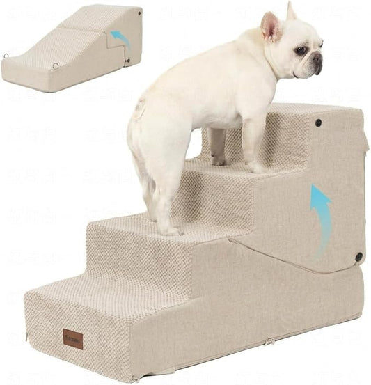 4-Step Dog Stair and Ramp for Small Dogs and Cats, Pet Steps for Bed with Non-Slip Bottom, Beige