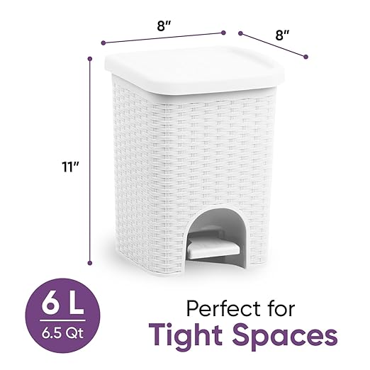 Superio Mini 6L Step Pedal Trash Can - Wicker Design, Hidden Mechanism, Durable Plastic, Ideal for Desktop, Countertop, Pet Waste/Dog Poop - White