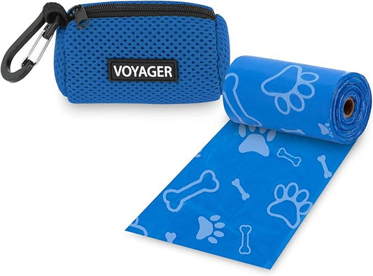 Best Pet Supplies Dog Poop Bag Holder Leash Attachment with 15 Bags, Royal Blue, Reusable Mesh Dispenser Pouch for Travel, Walking, Park, and Outdoor Use, Soft and Durable with Clip-On