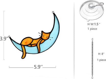 BOXCASA Orange Cat Suncatchers Handcrafted Stained Glass Window Hanging - Moon Phase Memorial Gifts for Cat Lovers,Birthday,Christmas Day, for Women,Mom