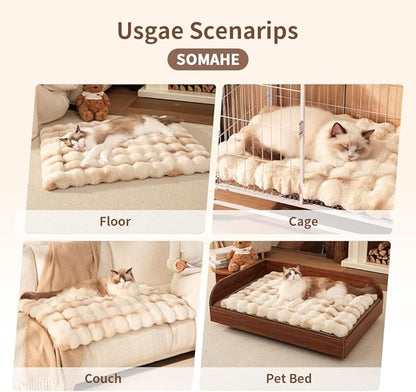 Cat Bed, Plush Faux Fur Kneading Flat Mat - Machine Washable Fluffy Pet Bed for Indoor Cats, Non-Slip Small Kitten Bed, Therapeutic Knead Cat Mat for Couch & Window Sill, 23"×15" Inch,Camel