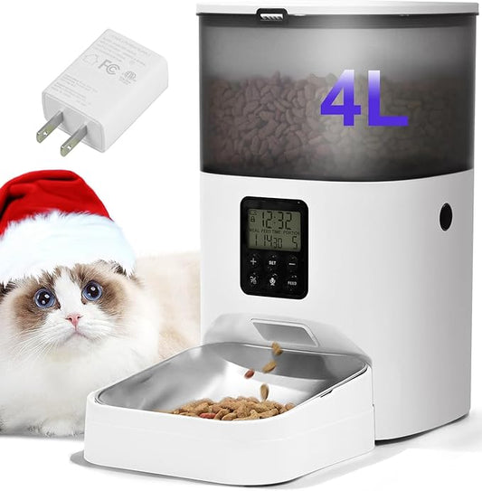 Automatic Cat Feeder, 4L Cat Food Dispenser with 10s Voice Recorder, Pet Feeder up to 8 Meals per Day, Timed Cat Feeder with Dry Food Sealed Ring (Jade White, 4L)