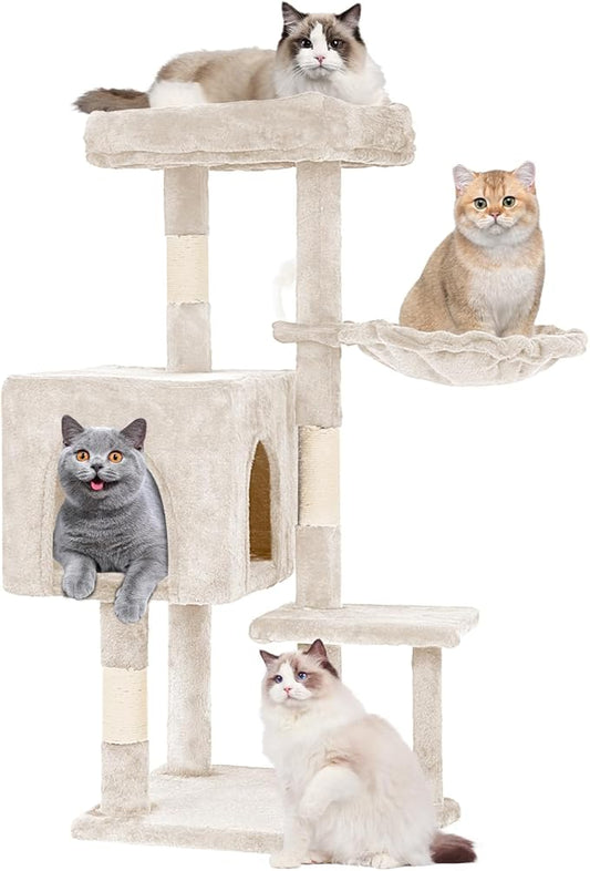 FDW 37.8 inch Cat Tree Cat Tower for Indoor Cats with Scratching Posts,Multi-Level Cat Furniture Activity Center Stand House Cat Condo Modern Cat Tower with Hanging Cradle & Funny Toy,Beige