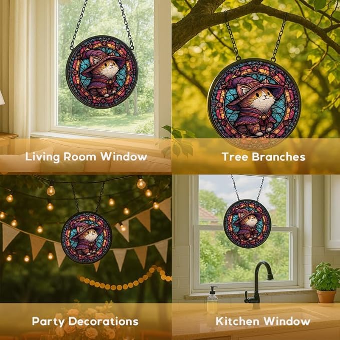 Stained Glass Window Hanging， Cat on Moon 6.3in Sun Catchers Indoor Window， Core Decor Inside and Outside The Cottage， Gothic Decor， Cute Black Cat Gifts for Women， Home Decor