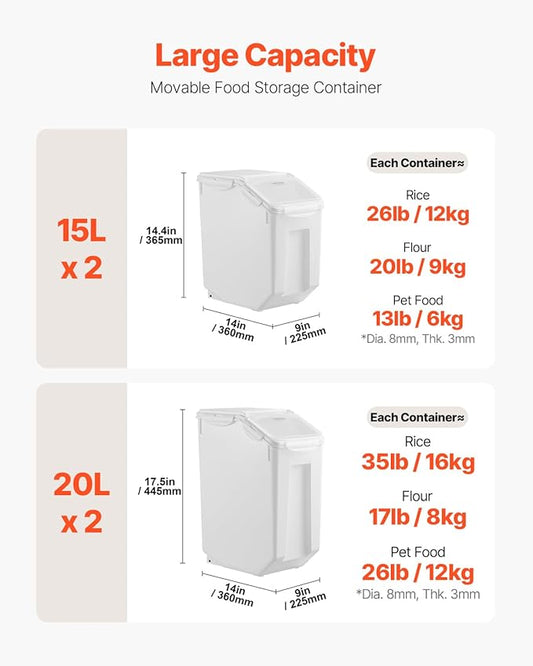 VEVOR Rice Storage Container, 3.5Gal/15Lx2 + 4.5Gal/20Lx2 Large Dog Food Dispenser Bin, Kitchen Ingredient Grain Cereal Bin, Pet food Containers with Wheels, 4 Measuring Cups, Airtight Lid, 4 Pack