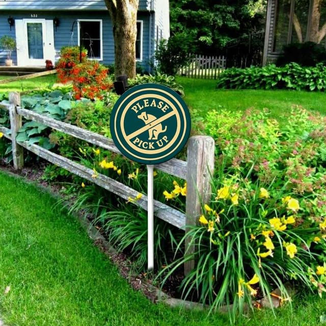 Uptell Metal Round Please Pick Up Yard Sign 9.2x9.2 Inch Classic Outdoor Lawn Decorations, Protect Your Grass & Property,With Stake 12.8"