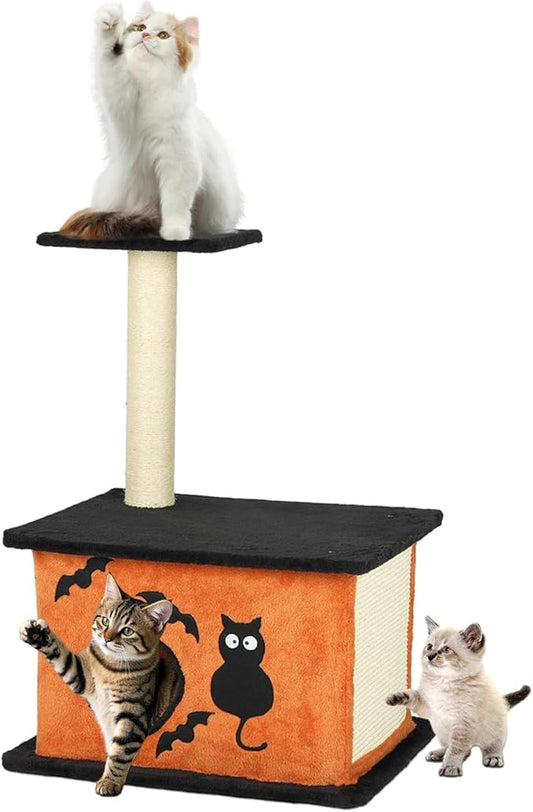 VINGLI 43.4in Halloween Cat Tree Tower, Indoor Gothic Cat House with Sisal-Covered Scratching Posts & Platforms & Cat House Caves Box with Gesture, Black & Orange