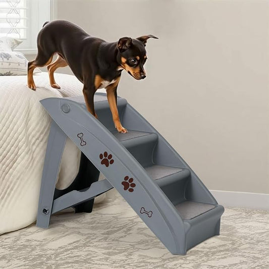 LEMY Foldable Pet Ladder,Pet Stairs with 4 Steps,Plastic Anti-Slip Pet Furniture Pet Dog Steps for Small/Old Dog,Grey