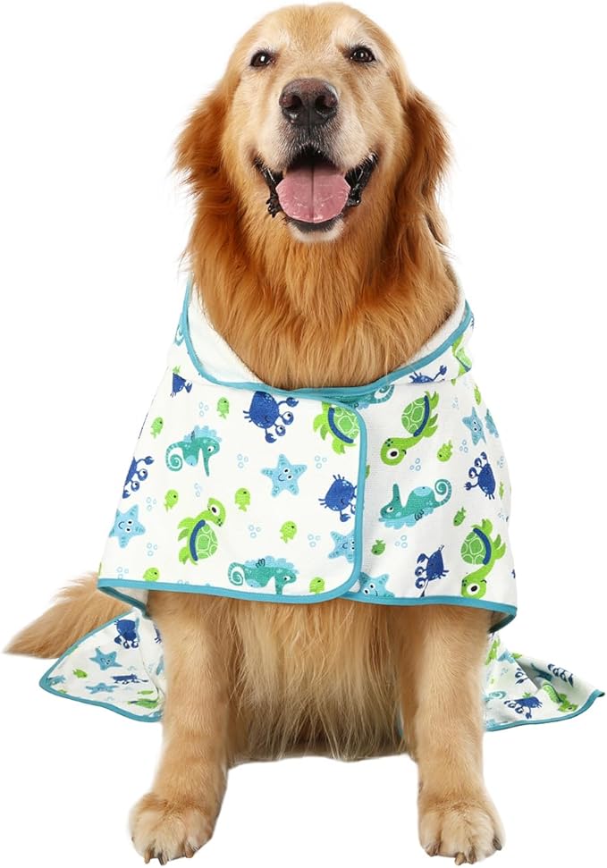 HDE Dog Bathrobe Super Absorbent Quick Drying Puppy Towel Wrap Coat Adjustable After Bath Robes with Hood for Dog Sizes S-XXL Sea Animals XL