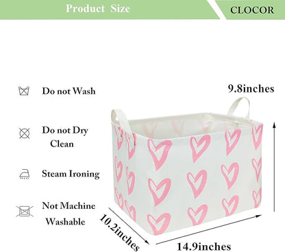 CLOCOR Rectangular Pink Heart Basket Empty, Storage Bin, Waterproof Book Box with Handles, Gift Basket(Pink Heart)