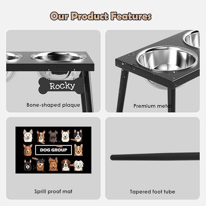 Metal Raised Dog Bowl Stand for Large and Medium Dogs, Elevated Dog Bowls with Sprill Proof Mat ＆ Slow Feeder, Pet Food Bowls 10" Tall Dogs Feeder (58OZ-Stainless Steel Pet Bowl, Mat-16x24in)