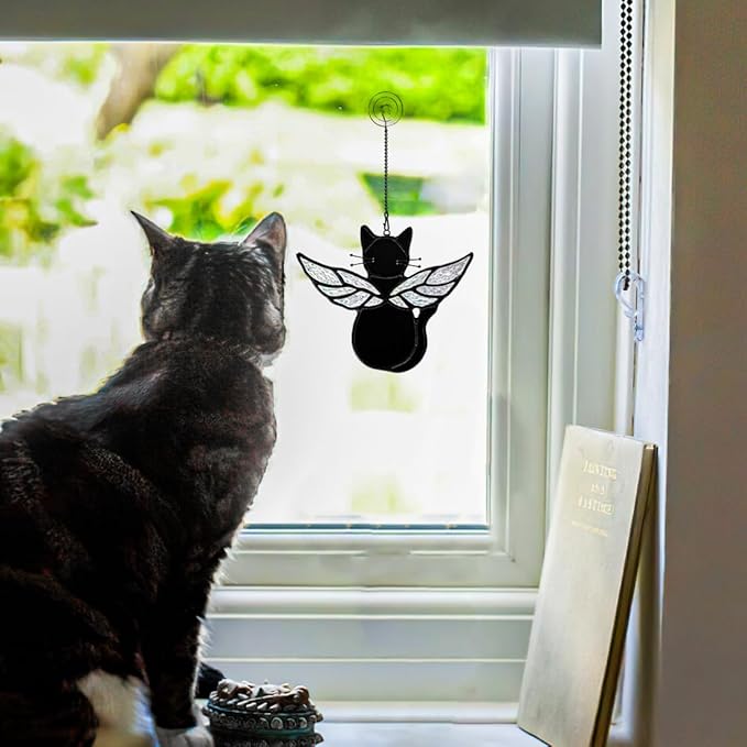 Black Angel Cat Memorial Gifts for Cat Lover,Stained Glass Window Hanging,Angel Wing Black Cats Suncatcher Decor,Cats Death Sympathy Gifts for Women,Daughter,Mothers Day,Christmas