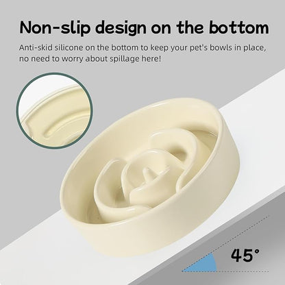 Ceramic 0.9 Cup Raised Dog Slow Feeder Set, Elevated Bowl with Wooden Stand for Small Dog and Cat, 6.1inch Puzzle Slow Dog Food Dish, Anti-Gulping(Beige, Single Bowl+ Stand)