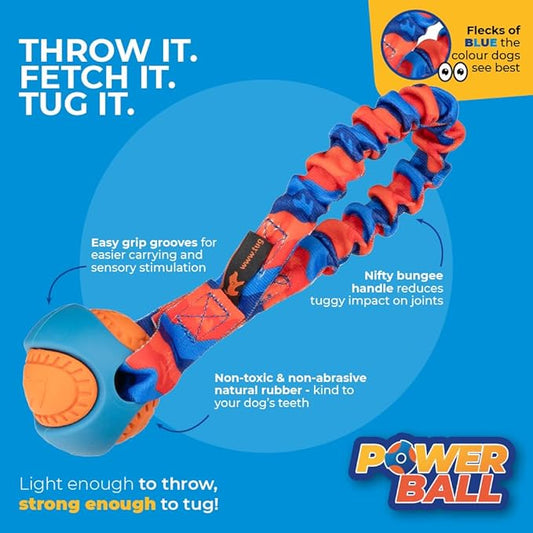 Tug-E-Nuff Pocket PowerBall Bungee | Shock Absorbing Bungee Handle | Durable Ball Toy for Dogs | Ideal for Interactive Dog Training and Dogs of All Ages | 23 cm (9 inches) in Size