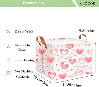 CLOCOR Rectangular Pink Valentines' Gift Basket Collapsible Cute Pattern Storage Bin,Waterproof Books Box with Handles,Storage Basket(Pink Happy Valentine)
