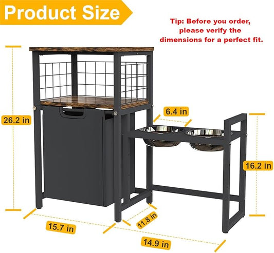 30.6Long x 26.2 High Elevated Dog Bowl Stand with Pet Food Storage Organizer, Adjustable Raised Feeding Station with Toy Basket for Large Medium Small Dogs and Cats, Black