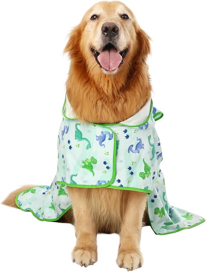 HDE Dog Bathrobe Super Absorbent Quick Drying Puppy Towel Wrap Coat Adjustable After Bath Robes with Hood for Dog Sizes S-XXL Cute Dinosaurs XL