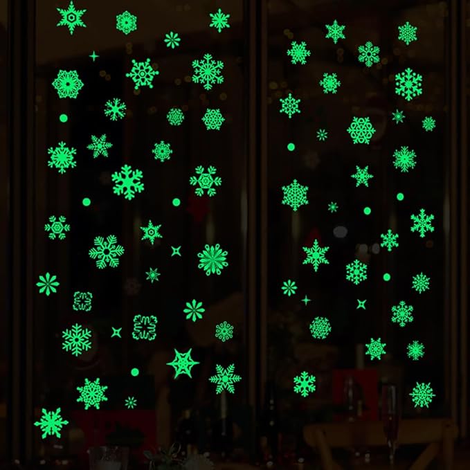 93PCS Glow in The Dark Snowflake Window Clings, Glass Window Snowflake Decals, Non-Adhesive Stickers, Static Stickers, Christmas Stickers for Children's Room Decoration Christmas Decoration