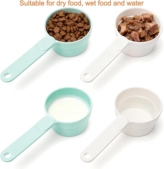 DEAYOU 4 Pack Dog Food Scoop 1/2 Cup, Melamine Pet Food Measuring Cup with Long Handle, Food-Grade Half Cup Feeding Scoop for Cat, Bird, Rabbit, Dishwasher Safe, Plastic Spoon for Dog Food Storage
