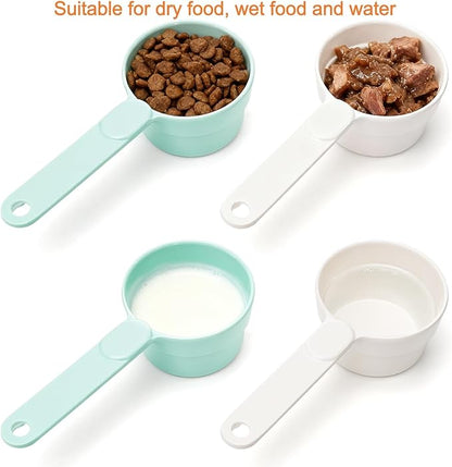 DEAYOU 4 Pack Dog Food Scoop 1/2 Cup, Melamine Pet Food Measuring Cup with Long Handle, Food-Grade Half Cup Feeding Scoop for Cat, Bird, Rabbit, Dishwasher Safe, Plastic Spoon for Dog Food Storage