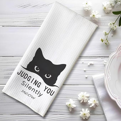 Silent Judgement Cat Kitchen Towels - Quick-Dry Whimsical Observer Feline Art Hand Cloth, Decorative Dish Towel with Observing Pet Design for Cat Ladies & Pet Moms | Amusing Home Accent & Novelty Gift