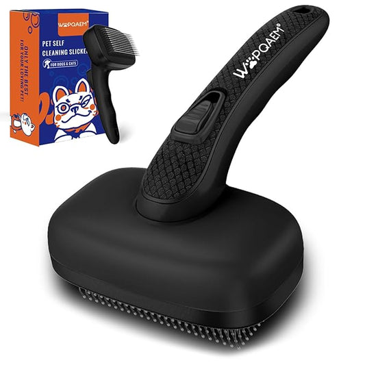 Self Cleaning Slicker Brush for Dog, Cat, Skin Friendly Shedding & Grooming Tool for Long and Short Haired Pets, Easy Clean Retractable Bristles, Black