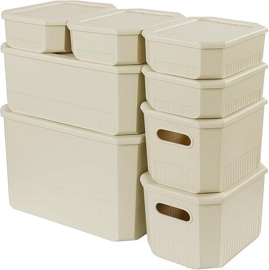 ANMINY 8PCS Plastic Storage Bins Containers with Lids, Large Storage Organization Bins Boxes, Lidded Plastic Storage Baskets for Closet Shelves Desktop, Ivory Lids, 1XL + 1L + 2M + 4S