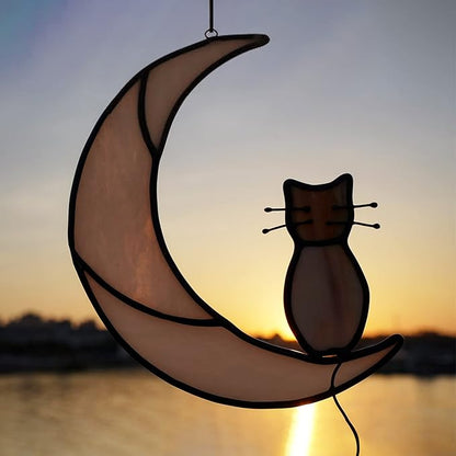 Orange Tabby Cat On Moon Stained Glass Window Hangings,Stained Glass Suncatcher Hanging Ornament Gift for Mom,Cat Memorial Gifts for Pet Lovers, Pet Loss Sympathy Gift (Yellow)