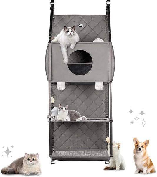 Hanging Cat Tree - Door Mounted Climber Cat Wall Cat Hammock for Indoor, Hanging/Elevated Bed - 4 Story with Removable Pillow, Roller Blind and Ball Toy