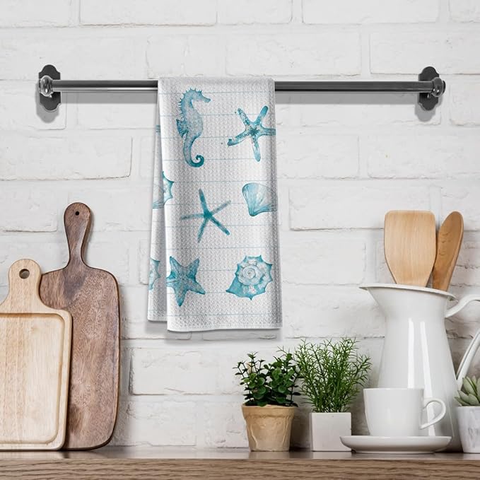 Kitchen Towels for Women-Funny Joked Starfish Seahorse Scallop Ocean Themed Absorbent Microfiber Bar Tea Towel, for Mom Birthday Christmas-Blue 16" x 24”