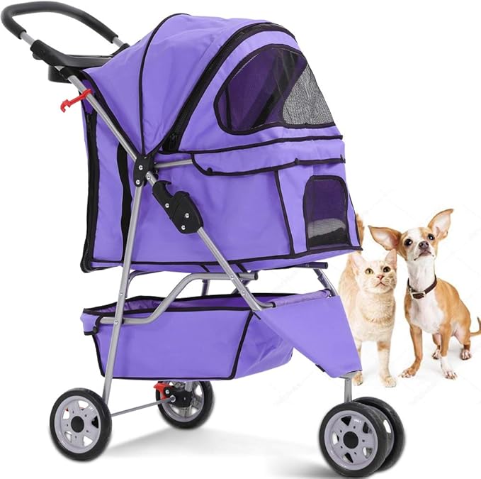 Dkeli 3-Wheel Pet Stroller, Lightweight Foldable Dog Stroller for Small Medium Dogs & Cats, Breathable Mesh & Weather Cover with Storage Basket, for Daily Walk Outdoor Travel (Purple)