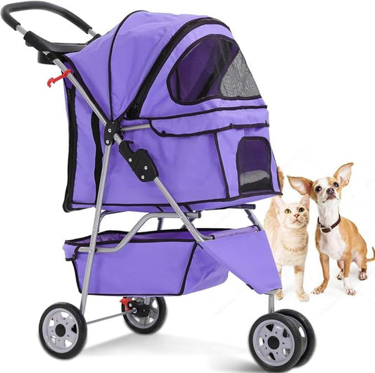 Dkeli 3-Wheel Pet Stroller, Lightweight Foldable Dog Stroller for Small Medium Dogs & Cats, Breathable Mesh & Weather Cover with Storage Basket, for Daily Walk Outdoor Travel (Purple)