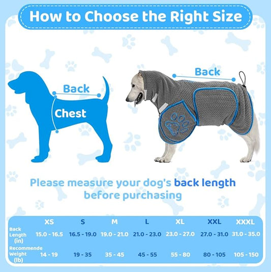 SlowTon Dog Bathrobe Towel - Super Absorbent Microfiber Pet Quick Drying Towel, Wearable Soft Bath Robes for After Bath Shower Swim Wet Walk, Adjustable for Small Middle Large Dogs (Grey, M)