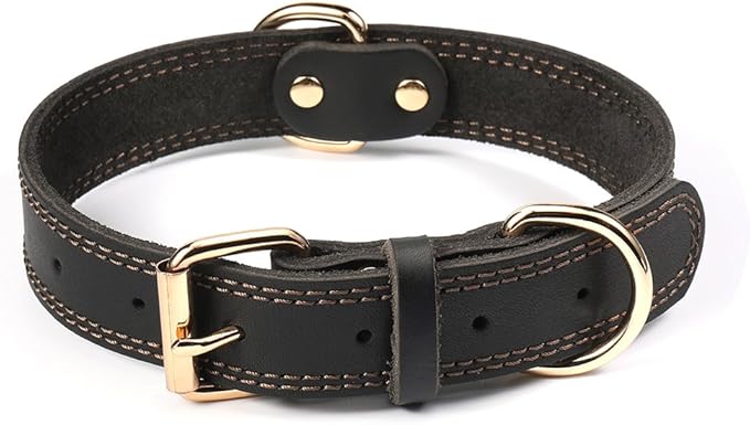 Genuine Leather Dog Collar, Heavy Duty Wide Dog Collar for Small, Medium, Large and Extra Large Dog (XL: 1.4" Wide for 18.6"-25.8" Neck, Dual Stitch - Black)