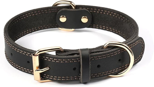 Genuine Leather Dog Collar, Heavy Duty Wide Dog Collar for Small, Medium, Large and Extra Large Dog (M: 1" Wide for 15.2"-19.2" Neck, Dual Stitch - Black)