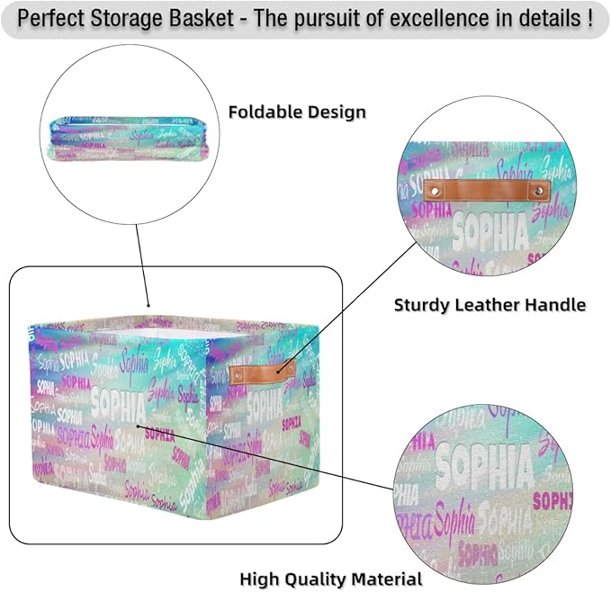 Personalized Kids Toy Box with Name, Custom Nursery Baskets Cubes Box, Kids Custom Storage Basket Laundry Baskets Organizer with Handles, Gradient Green Color Galaxy