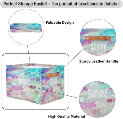 Personalized Kids Toy Box with Name, Custom Nursery Baskets Cubes Box, Kids Custom Storage Basket Laundry Baskets Organizer with Handles, Gradient Green Color Galaxy