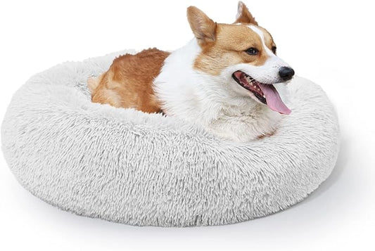 Calming Dog Bed for Medium Dogs Washable Donut 30 inches Anti-Slip Pet Bed,Round Fluffy Plush Faux Fur Cat Bed,Fits up to 45 lbs Pets,Grey