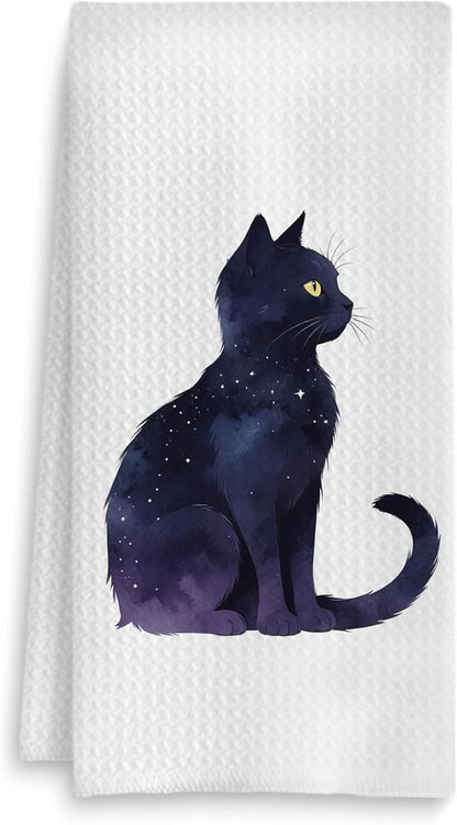 Celestial Black Cat Kitchen Towels, Cat Lovers Mom Lady Gifts Hand Towels for Bathroom, Mystical Witchy Kitty Kitten Dish Tea Towels for Kitchen Decor, 16x24 Inch