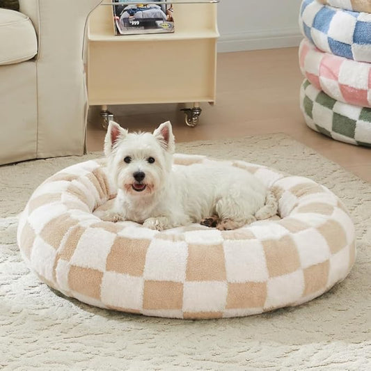 Checkered Dog Bed, Cute Beige Khaki Retro Style Aesthetic Round Warming Pet Calming Beds for Small Dog and Cats, Plush Cozy Donut Dog Beds Washable, 30" L x 30" W x 8" Th