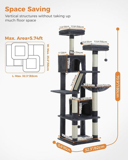 MUTTROS Cat Tree, 70.9-inch Large Cat Tower with 2 Condos, 2 Top Perches, Hammock & 6 Scratching Posts for Indoor Cats, Dark Gray