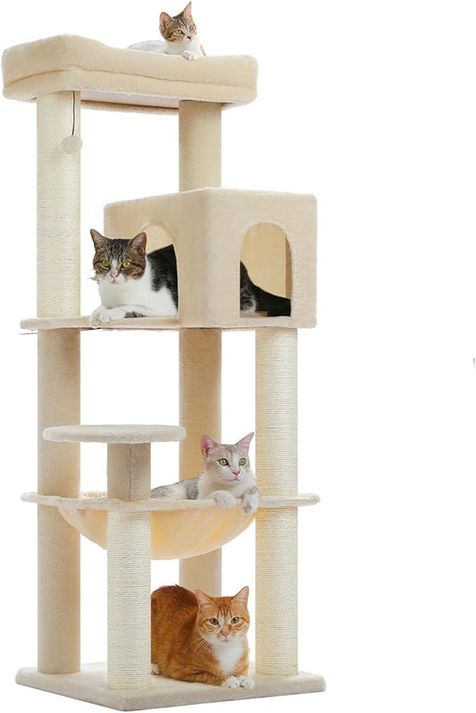 MUTTROS Large Cat Tree with Reinforced Scratching Posts (φ3.7in) for Big Adult Cats 30 lbs, 57.8" Heavy Duty Cat Tower with Larger Hammock and Condo, Cat Furniture for Maine Coon, Plush,Beige