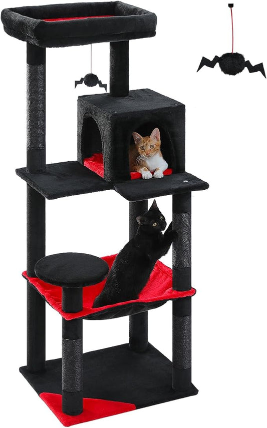 MUTTROS Gothic Cat Tree with Super Large Hammock, 56.3" Black Cat Tower with Coffin Bed, Cat Condo, Sisal Scratching Posts & Top Perch, Multi-Level Goth Cat Tree, Halloween, Black