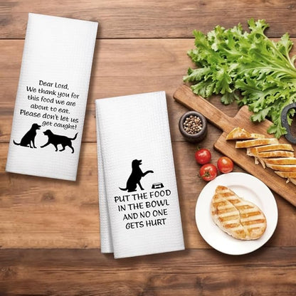WUUCK00 2pcs Put The Food in The Bowl Funny Kitchen Towel, Cute Dog Mom Kitchen Decor Dish Tea Hand Towel, Housewarming Gifts for Pet Lover Dog Owners, Thanksgiving New Puppy Gifts for Family Friend