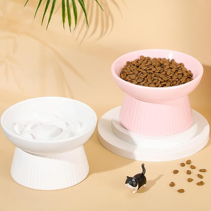Layhit 2 Pack Raised Slow Feeder Cat Bowls Ceramic Elevated Cat Food Bowls Anti Vomiting Slow Feeder for Dog and Kitten for Dry and Wet Food(Pink, White)
