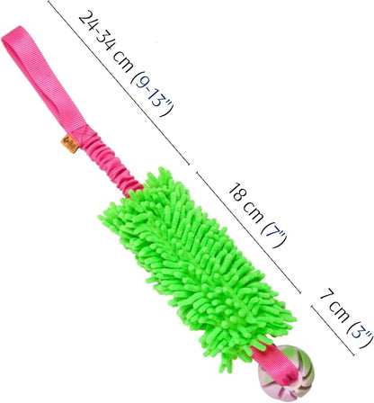Dingo tug Toy for Dog, for Outdoor Indoor Play and tug of war, Bungee Handle, Soft Shaggy Nubby Like Plush Noodle and TPR Rubber Ball, Green 15589