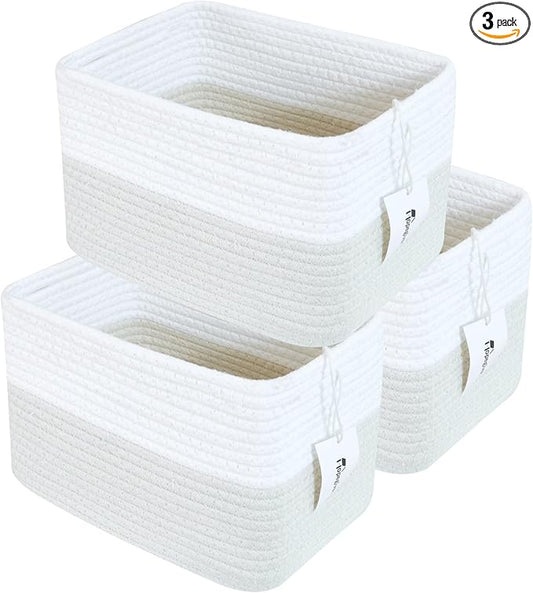 Hopegiver 3 Pack Woven Storage Baskets for Shelves, 11x8x7 Inch Cotton Rope Decorative Organizer Bins for Blanket Clothes Book Baby Pet, Gift Toy Basket for Office, Living Room, Bathroom & Nursery